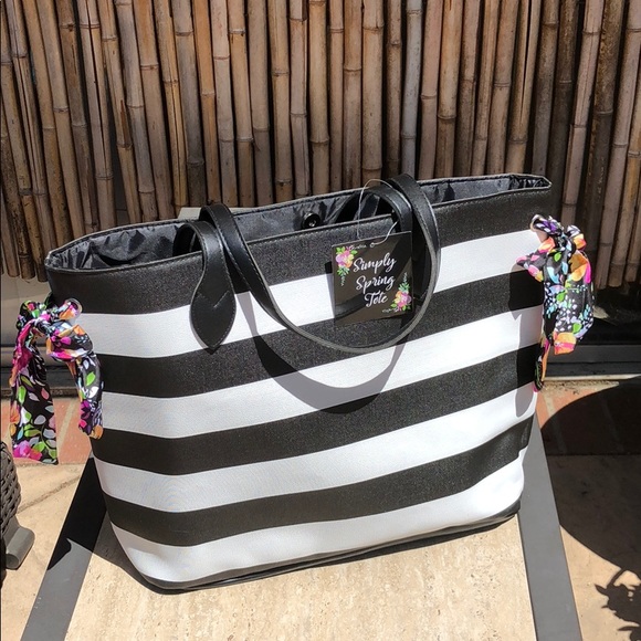 Handbags - Large Black & White Stripe Tote w/ Floral Ties NWT